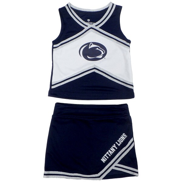 youth navy cheerleading outfit, Penn State Athletic Logo on top, Nittany Lions on skirt